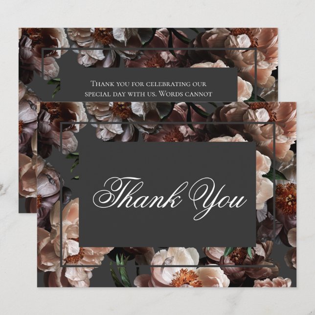 Carte De Remerciements Boho Dark Peony Flowers Mariage moderne (Devant / Derrière)