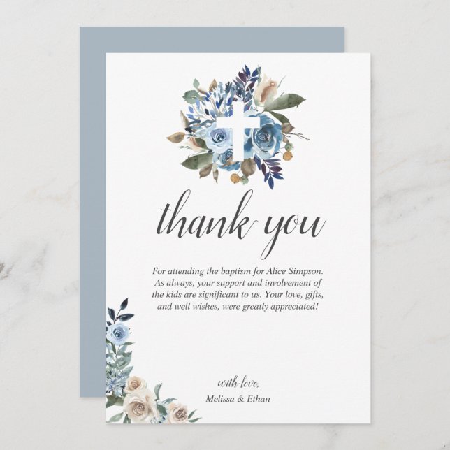 Carte De Remerciements Boho Dusty Blue Beige Fleurs Baptême (Devant / Derrière)