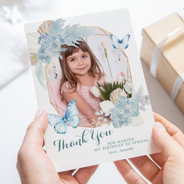 Carte De Remerciements Boho Dusty Blue Butterfly 1er anniversaire avec ph (Créateur téléchargé)