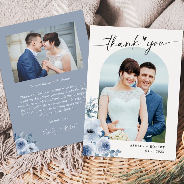 Carte De Remerciements Boho Dusty Blue Floral Moderne Arch Mariage Photo (Créateur téléchargé)