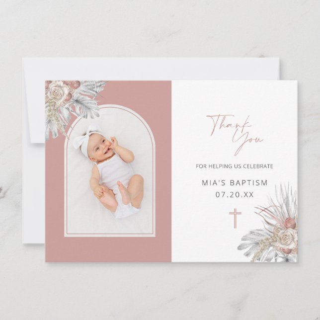 Carte De Remerciements Boho Elégant Arc Floral Photo Baptême (Devant)