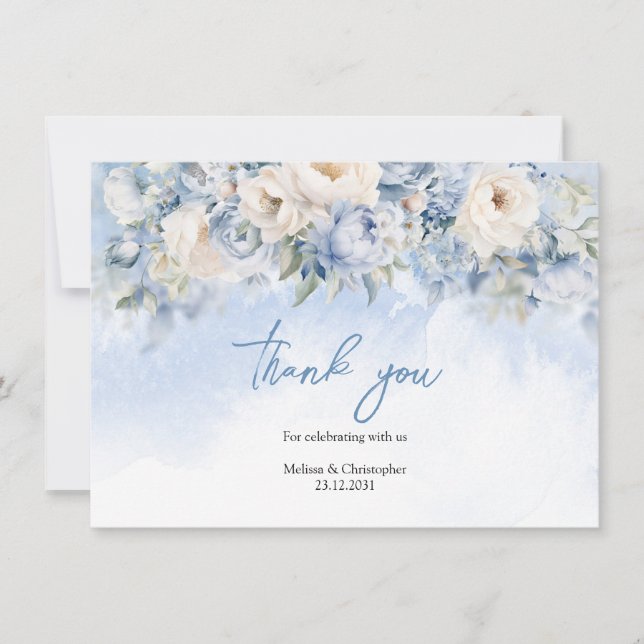 Carte De Remerciements Boho Elegant hiver bleu poussiéreux et fleurs d'iv (Devant)