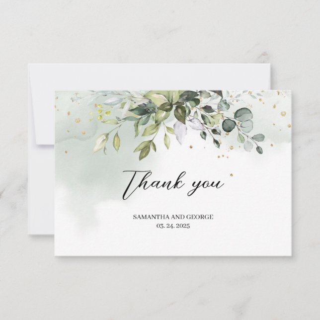 Carte De Remerciements Boho feuillage vert eucalyptus or feuille (Devant)