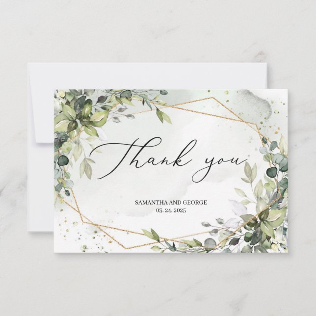 Carte De Remerciements Boho feuillage vert eucalyptus or géométrique (Devant)