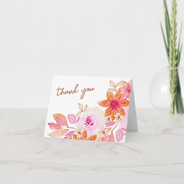 Carte De Remerciements Boho Fleurs Rose Orange Douche Pliée (Devant)