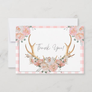 Carte De Remerciements BOHO Floral Antlers Coral En vichy