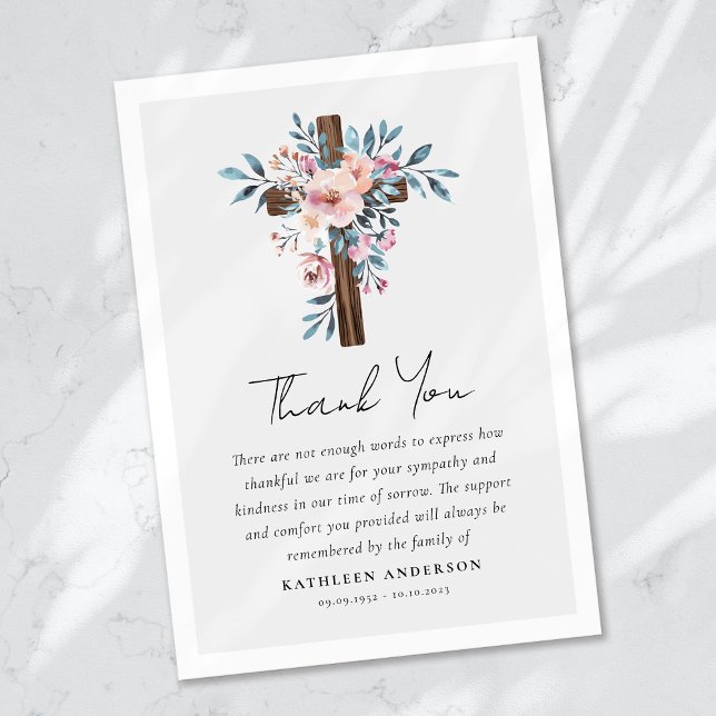 Carte De Remerciements Boho Floral Cross Sympathy Funeral (Créateur téléchargé)