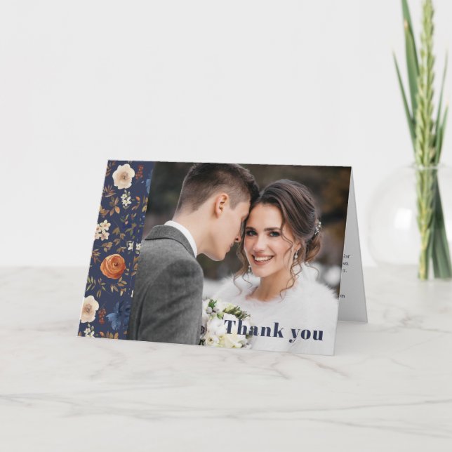 Carte De Remerciements Boho Floral Navy Mariage photo (Devant)