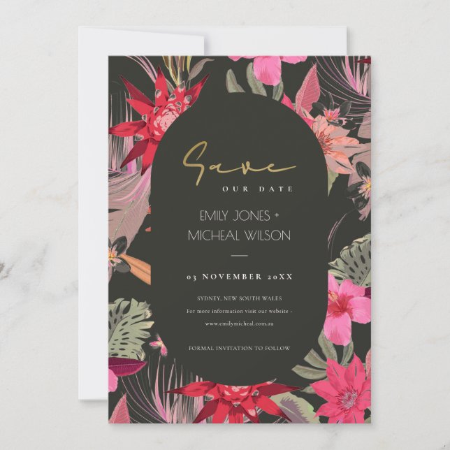 Carte De Remerciements Boho foncé Rouge Blush Floral Enregistrer La Date  (Devant)