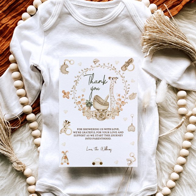 Carte De Remerciements Boho Giraffe & Jouets Baby shower neutre genre (Créateur téléchargé)