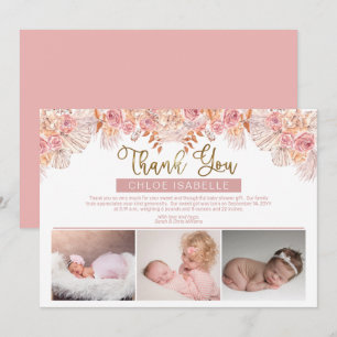 Carte De Remerciements Boho Girl 3 Photo Pampas Grass   Floral Rose