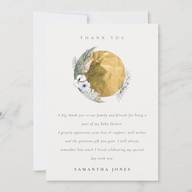 Carte De Remerciements Boho Gold Saga Green Floral Wreath Baby shower (Devant)