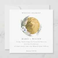 Boho Gold Saga Green Floral Wreath Wedding Invitat