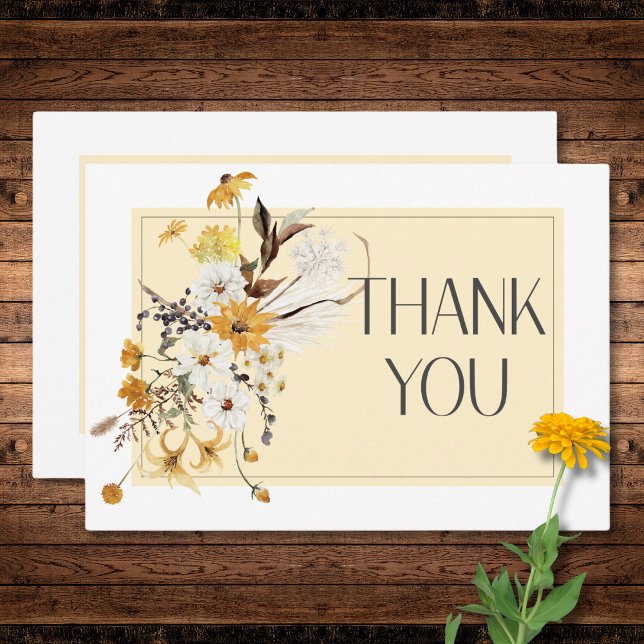 Carte De Remerciements Boho Golden Yellow Meadow Fleurs Jaune Mariage (Boho Golden Yellow Meadow Flowers Yellow Wedding Thank You Card)
