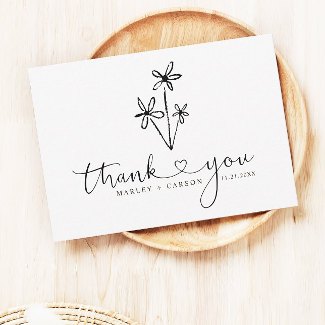 Carte De Remerciements Boho Hand Drawn Floral Script Heart Wedding (Créateur téléchargé)