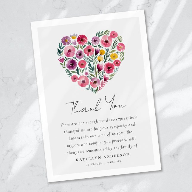 Carte De Remerciements Boho Heart Floral Sympathy Funérailles (Créateur téléchargé)