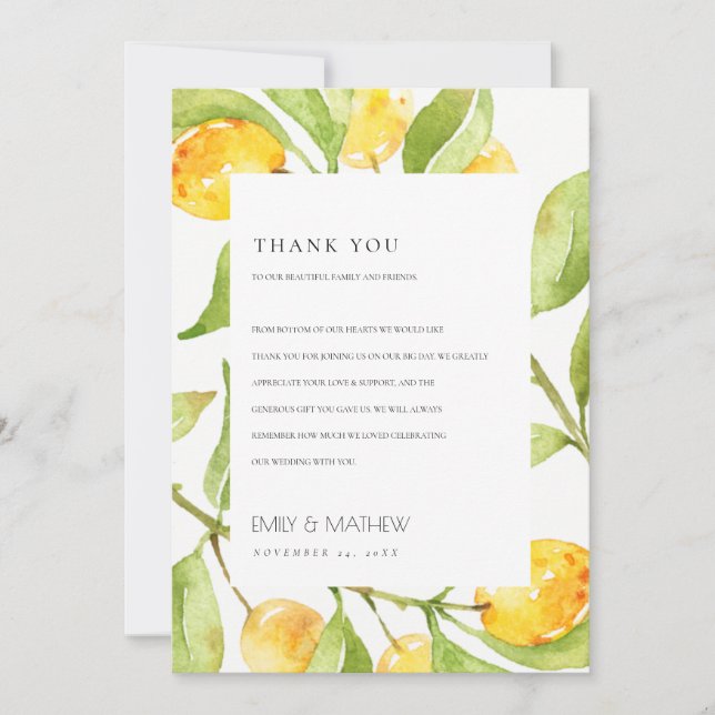 CARTE DE REMERCIEMENTS BOHO JAUNE COULEUR D'EAU VERTE FOLIAGE OLIVE (Devant)
