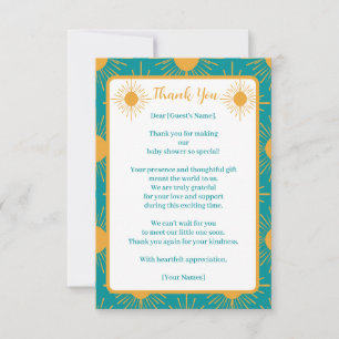 Carte De Remerciements Boho Little Ray of Sun Baby shower Turquoise