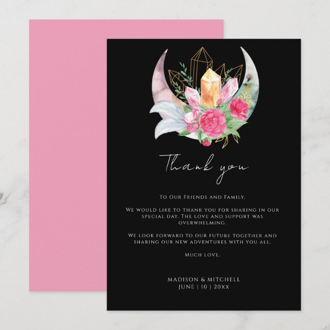 Carte De Remerciements Boho Moon Crystals Plumes rose Fleurs Mariage (Devant / Derrière)