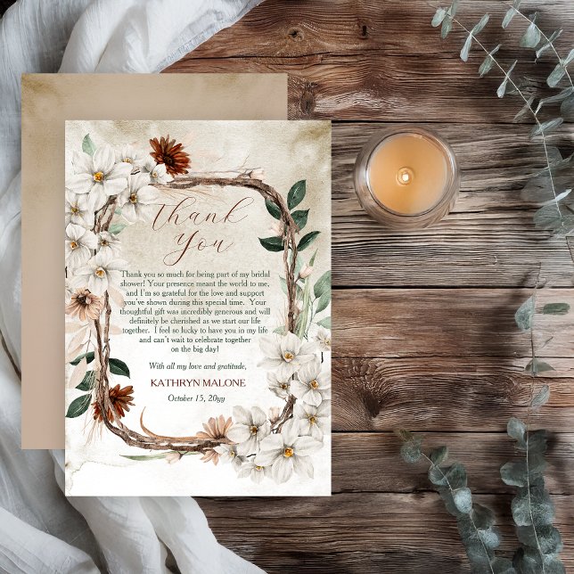 Carte De Remerciements Boho Muted Floral d'automne Tombez amoureux Enterr (Boho Muted Fall Floral and Grapevine Wreath Fall in Love Bridal Shower Collection Thank You)