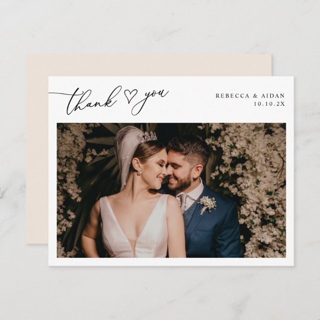 Carte De Remerciements Boho Neutral Blush Script Coeur Mariage Photo (Devant / Derrière)