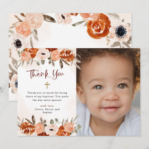 Carte De Remerciements Boho orange rustique   Aquarelle photo Baptême