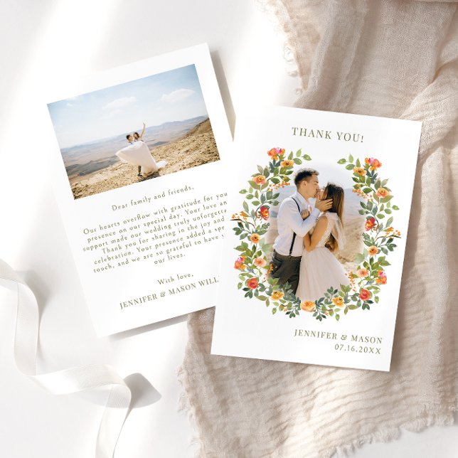 Carte De Remerciements Boho orange vert fleur couronne Mariage Photo (Créateur téléchargé)