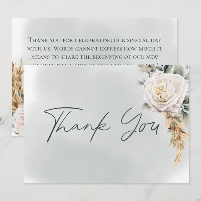 Carte De Remerciements Boho Pampas & Roses Rose Mariage vert (Devant / Derrière)