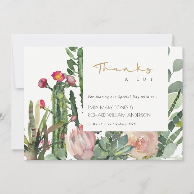 CARTE DE REMERCIEMENTS BOHO PINK FLORAL DESERT CACTI FOLIAGE MARIAGE (Devant)