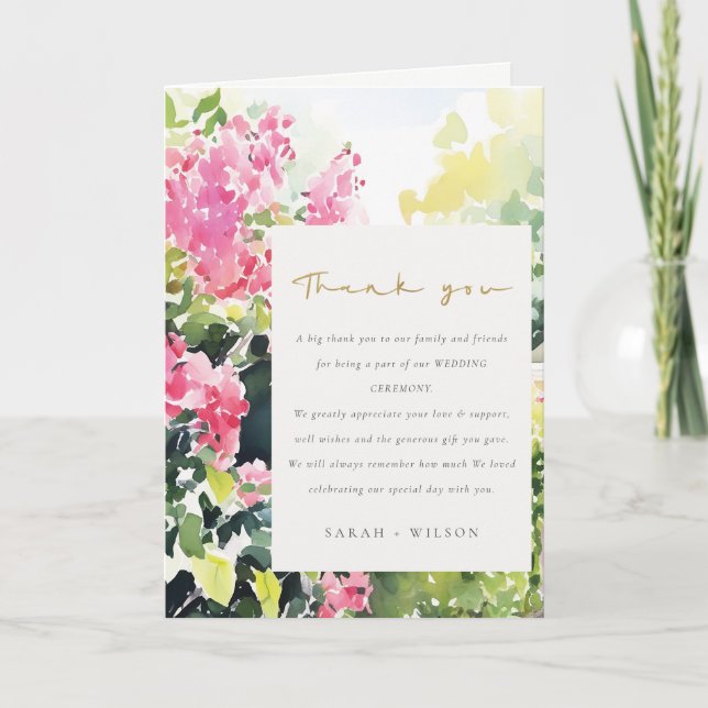Carte De Remerciements Boho Pink Green Bougainvillea Mariage (Devant)