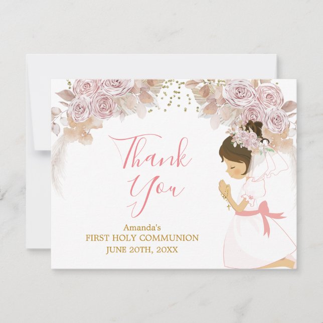 Carte De Remerciements Boho Rose Floral Girl FIRST Holy Communion Cross (Devant)
