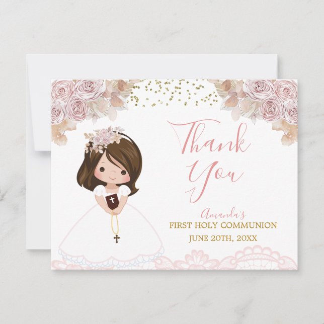 Carte De Remerciements Boho Rose Floral Girl Première Sainte Communion (Devant)