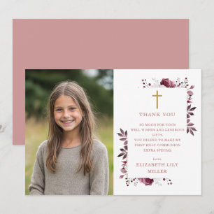 Carte De Remerciements Boho rose Floral Photo Première communion sainte