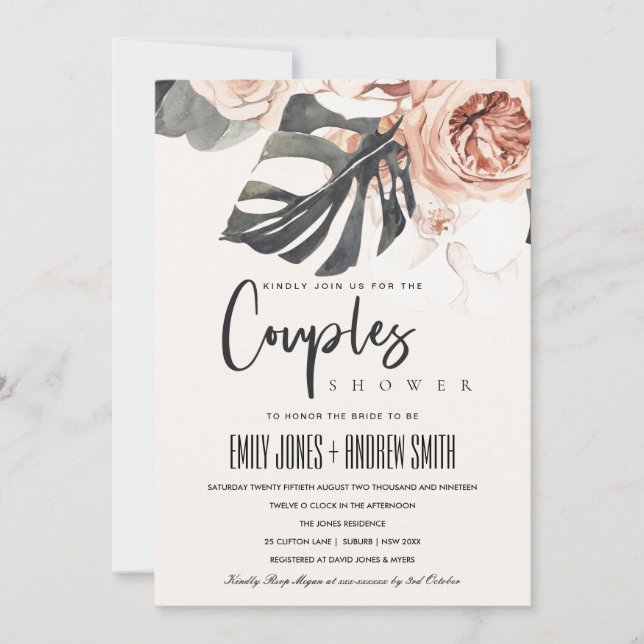 CARTE DE REMERCIEMENTS BOHO RUST FLORAL MONSTRERA COUPLES DOUCHE INVITATI (Devant)