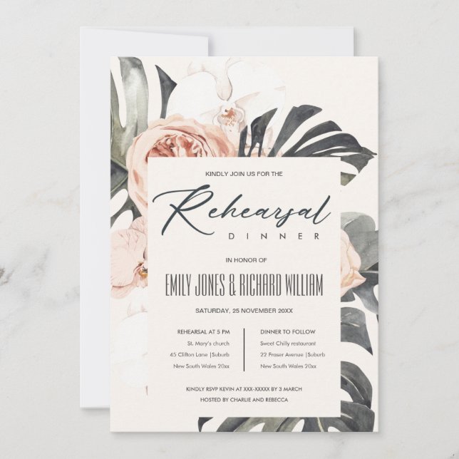 CARTE DE REMERCIEMENTS BOHO RUST FLORAL MONSTRERA REHERSAL DÎNER INVITATI (Devant)