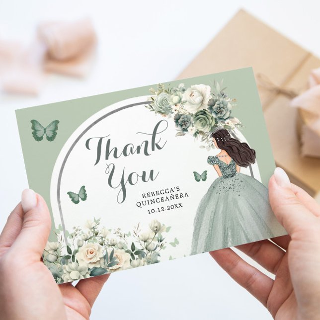 Carte De Remerciements Boho Sage Green Floral Princesse Quinceañera (Créateur téléchargé)