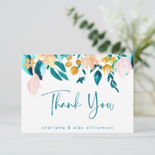 Carte De Remerciements Boho sarcelle et or floral aquarelle plat personna
