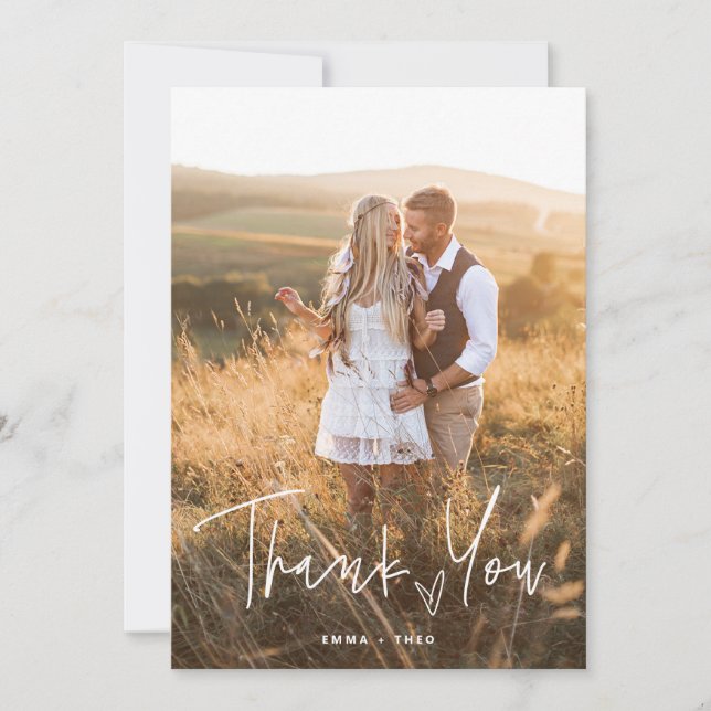 Carte De Remerciements Boho simple | Élégant script avec coeur et photos (Devant)