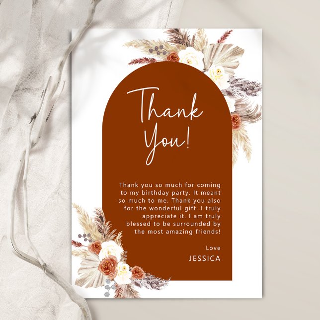 Carte De Remerciements Boho Terracotta Pampas Gras fête d'anniversaire (Créateur téléchargé)