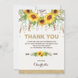 Carte De Remerciements Boho Tournesols Anniversaire Aquarelle Attrape-Rêv