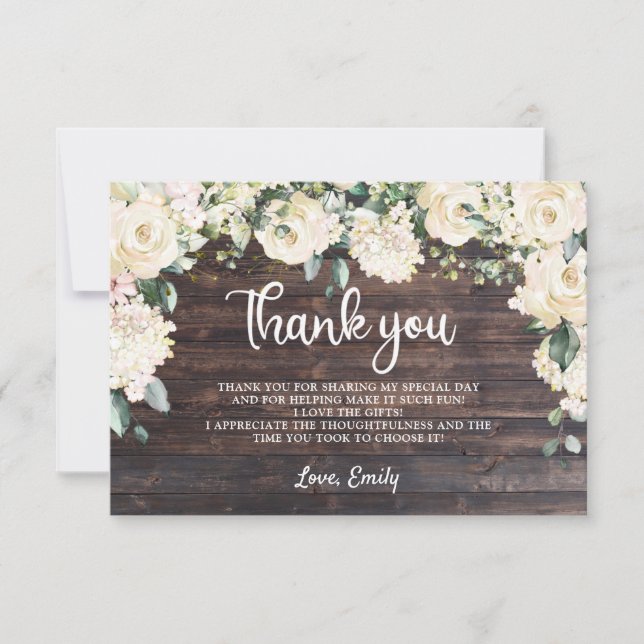 Carte De Remerciements Boho verdure bois rustique blanc floral roses (Devant)
