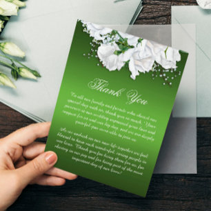Carte De Remerciements Boho White Roses et Elegant Mariage Vert