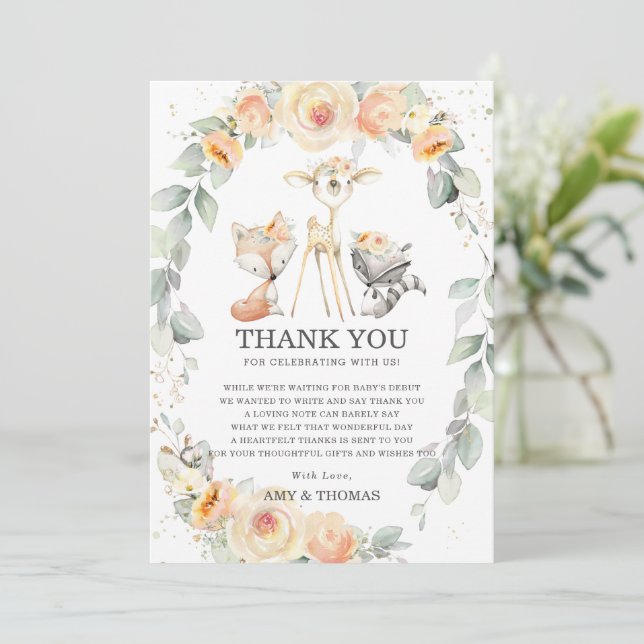 Carte De Remerciements Bois Animal Jaune Baby shower de la végétation fle (Debout devant)