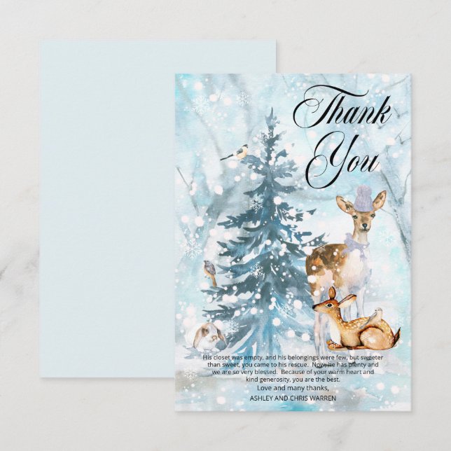Carte De Remerciements Bois Animaux Baby shower pour garçons d'hiver (Devant / Derrière)