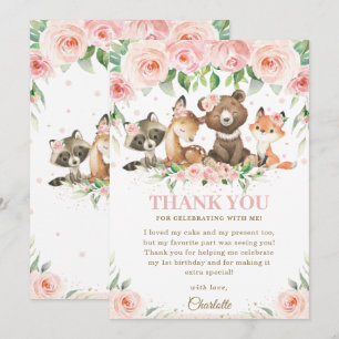 Carte De Remerciements Bois Animaux rose Floral Baby shower d'anniversair