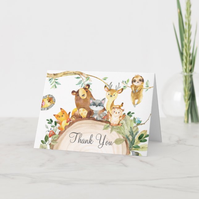 Carte De Remerciements Bois Animaux Végétation 1er Anniversaire Baby show (Devant)
