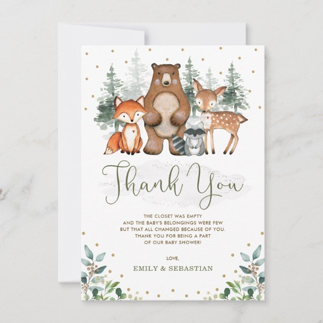 Carte De Remerciements Bois Bébé Animaux Végétation Pins d'Or Arbres (Devant)