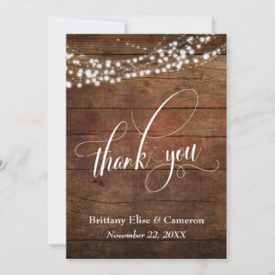 Carte De Remerciements Bois Brown rustique avec cordes lumineuses blanche