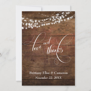 Carte De Remerciements Bois Brown rustique avec cordes lumineuses blanche