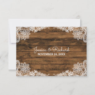 Carte De Remerciements Bois de grange rustique et mariage de dentelle Fav